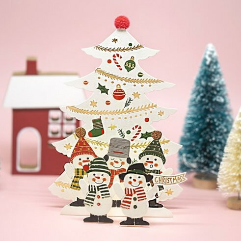 3D 立体 クリスマス カード 【5人の雪だるま】POP UP Xmas ギフト カード クリスマスグリーティングカード 封筒付き ポップアップ