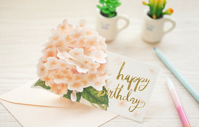 立体 ポップアップ　バースデーカード　紫陽花（あじさい）ピンク色