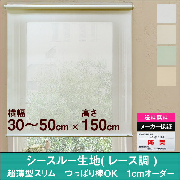 シースルー生地 超薄型スリム ロールスクリーン （ソレイユ Soleil）横幅30〜50cm　×　高さ【150cm固定】ホワイト ロールカーテン NAPCO ナプコ 透け感 レース レースカーテン 防炎　日本製 アイボリー ベージュ グリーン 賃貸 カーテンレール つっぱり棒