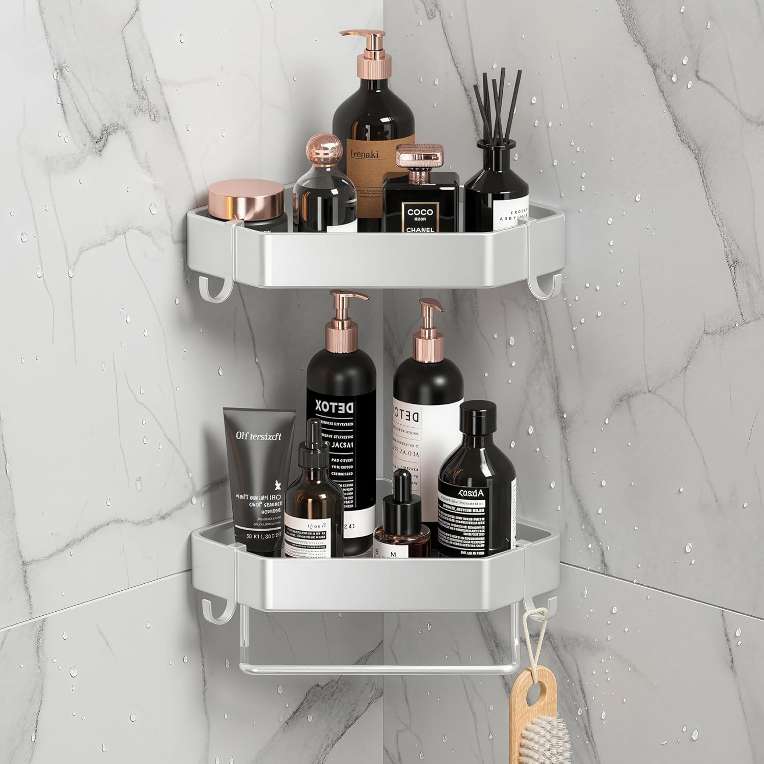 Reelyo 浴室 ラック シャンプーラック 2段 浮かせる収納 水切り 耐水防錆 強力粘着 収納棚 フック タオ..