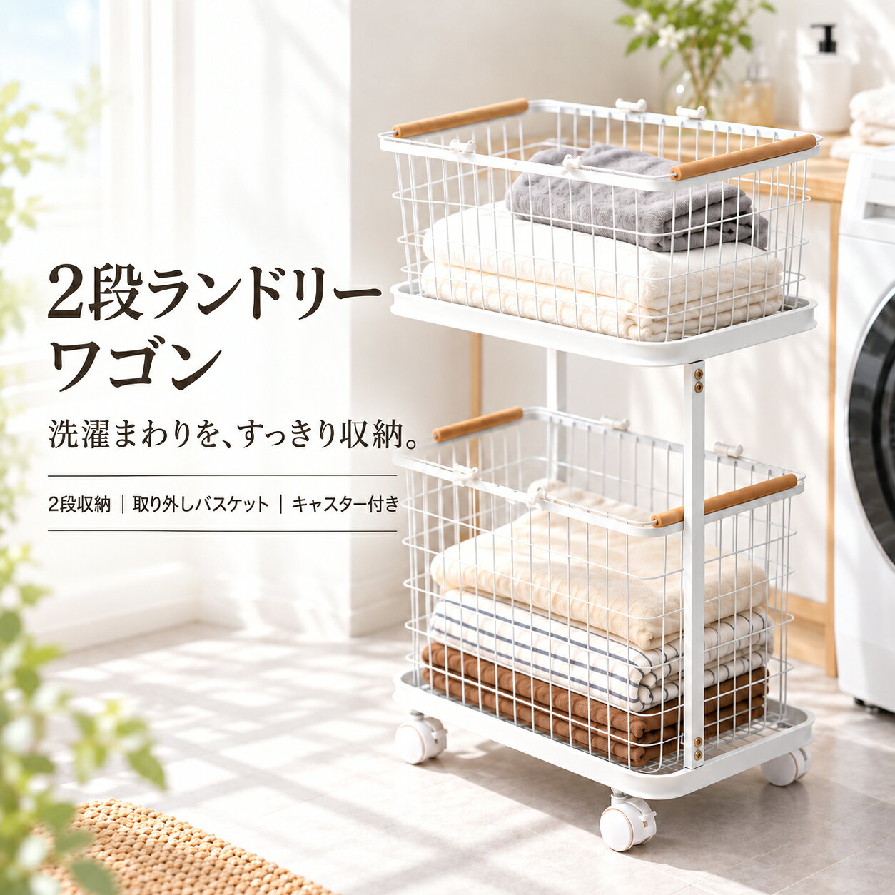 楽天市場】バスケットワゴン/ランドリーバスケット 取り外し可能かご