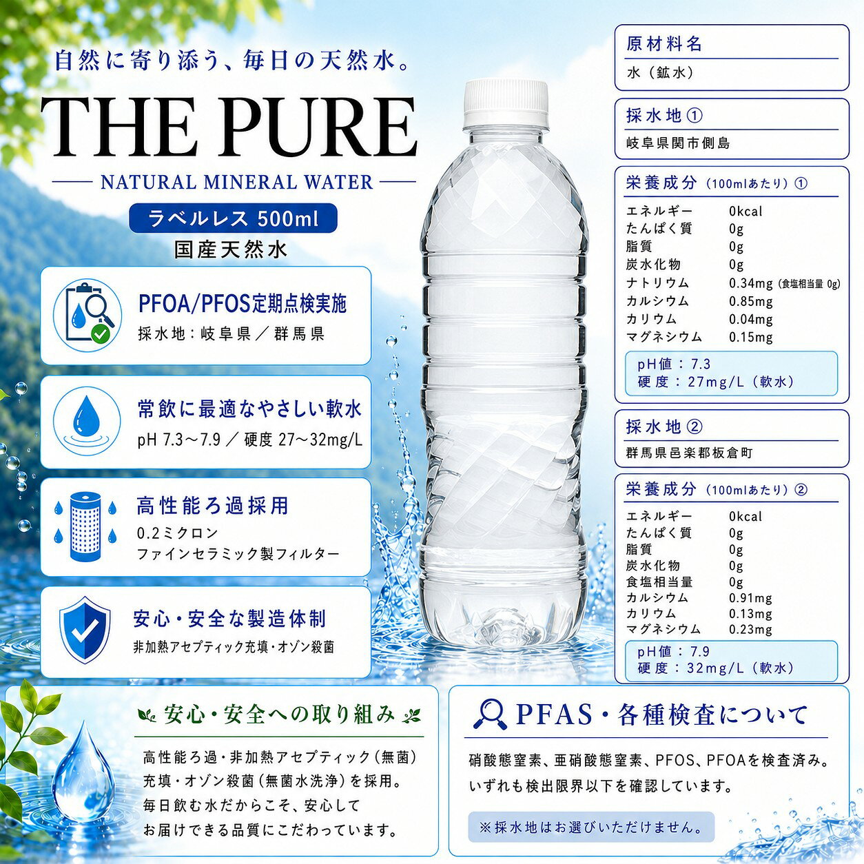 【 送料無料 】【 ラベルレス 】 選べる 水 24本 48本 THE PURE 500ml 天然水 国産 箱 ケース 売り 国産天然水 ザ ピュア ザピュア お水 ミネラルウォーター 軟水 断食 水断食 硝酸態窒素 亜硝酸態窒素 PFOS PFOA 検出限界以下 sktadv-10003076 クリックル【水・ソフトドリンク】 サンプル画像2