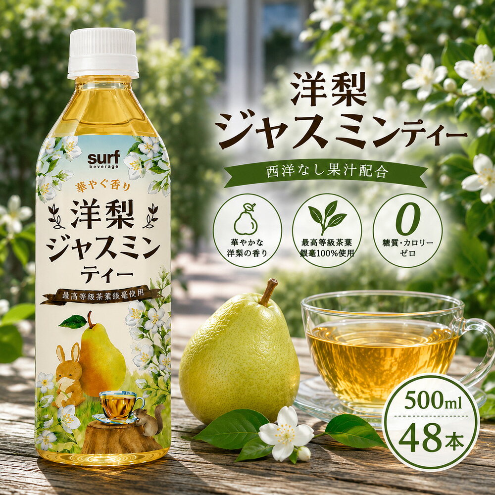 【洋梨ジャスミンティー500ml の商品詳細】 ●洋梨の華やかな香りとジャスミン茶で心癒されるひとときを。 ●華やかな香りが特徴の洋梨果汁と、香り高いジャスミン茶をブレンド。 ●ジャスミン茶の最高等級茶葉銀毫100％使用。 ●うれしい無糖で、糖質・カロリーゼロ！ 【洋梨ジャスミンティー500ml の原材料】 西洋なし果汁(オーストリア製造又は南アフリカ製造)、ジャスミン茶(銀毫）／香料、ビタミンC 【栄養成分】(製品100ml当たり) エネルギー・・・0kcal たんぱく質・・・0g 脂質・・・0g 炭水化物・・・0g 食塩相当量・・・0.02g 単品JAN：4939505531114 ケースJAN：4939505831115 【賞味期限（メーカー設定：未開封）】 製造後：12か月 【その他】 リニューアルに伴い、パッケージ・内容等予告なく変更する場合がございます。予めご了承ください。 【発売元、製造元、輸入元又は販売元】 会社名：株式会社サーフビバレッジ 住所：〒151-0051 東京都渋谷区千駄ヶ谷3-60-10 お問合せ電話番号：0120-141-322