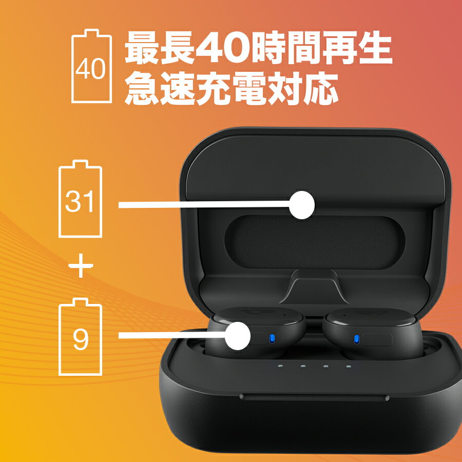 Skullcandy公式ストアGrindTrueBlackワイヤレスイヤホンBluetooth5.2Skull-iQ搭載ボイスコントロールオーディオ共有マイク付き落とし物検索Tile外部音取り込み最大40時間再生急速充電IP55防水オリジナルステッカー付きS2GTW-P740