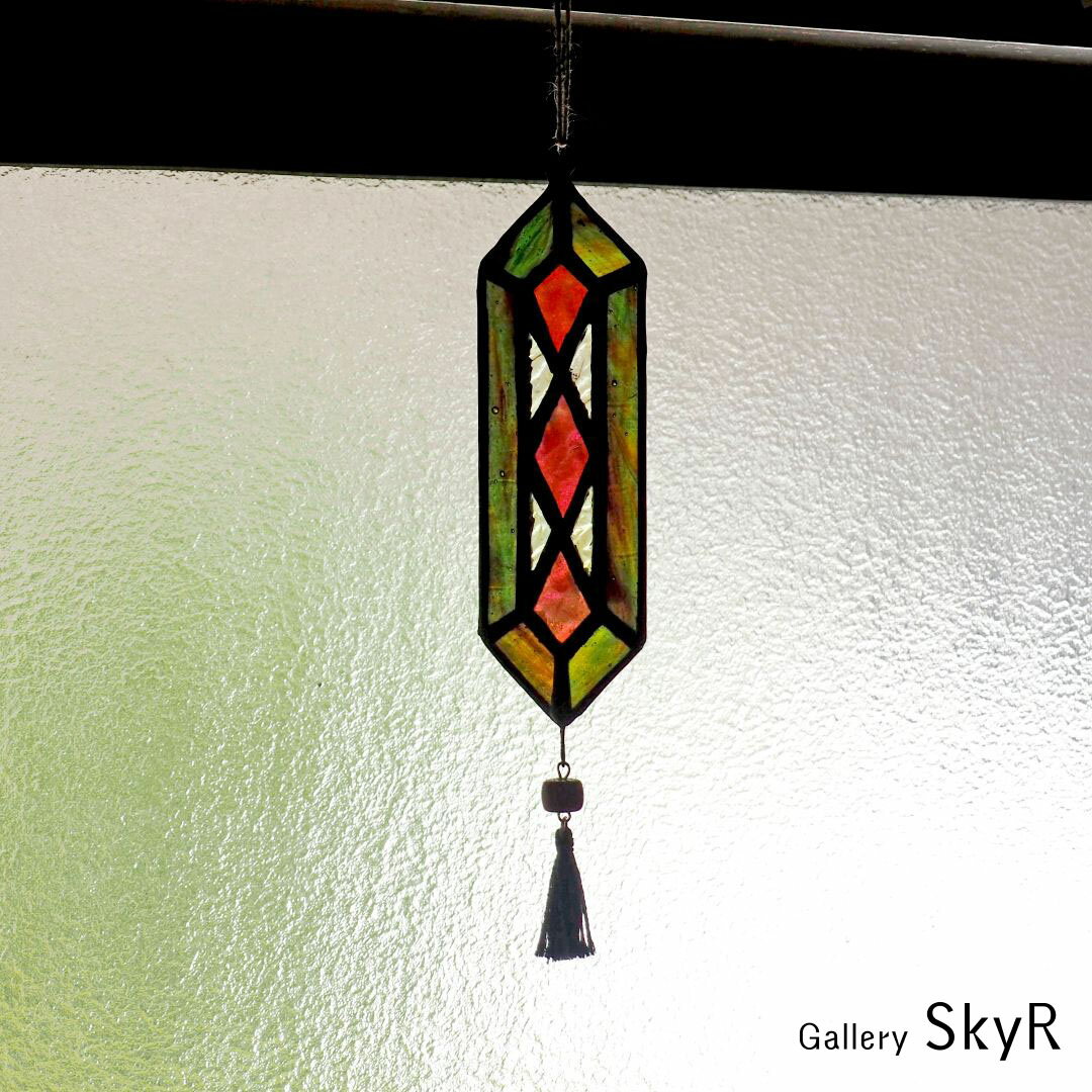 ステンドグラス オーナメント タッセル付 レッドA-3 壁飾り