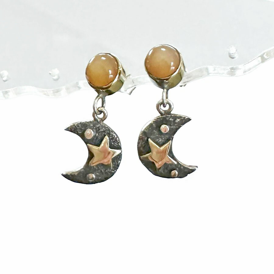 ピーチムーンストーン ムーン＆スター ピアス SV