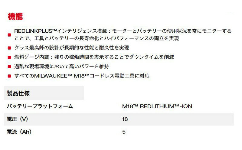 【4/15限定】最大3,000円OFFクーポン配布！M18 B5 JP milwaukee ミルウォーキー M18 5.0Ahバッテリー 電圧18V 電動工具用バッテリー (北海道・沖縄・離島 配送不可)