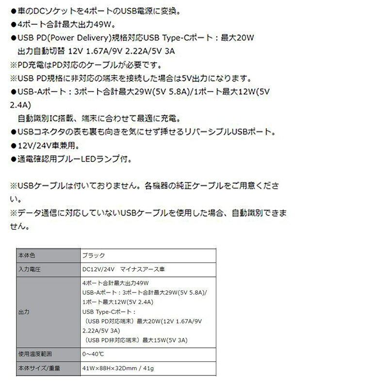 DC-052 ������� Kashimura DC-49W USB 4�ݡ��� PD20W ��ưȽ�� PD�����б� �������49W 12V/24V�ַ���