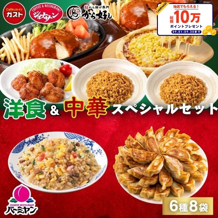 【楽天スーパーSALE！55％OFF！9,960円⇒4,482円！】冷凍食品 惣菜 餃子 ハンバーグ/洋食＆中華スペシャルセット（6種8袋） / 炒飯 ハンバーグ ピラフ から揚げ 中華惣菜 洋風惣菜 お惣菜 おかず 弁当