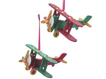 【Glitter Wooden Biplane】 飛行機 オーナメント