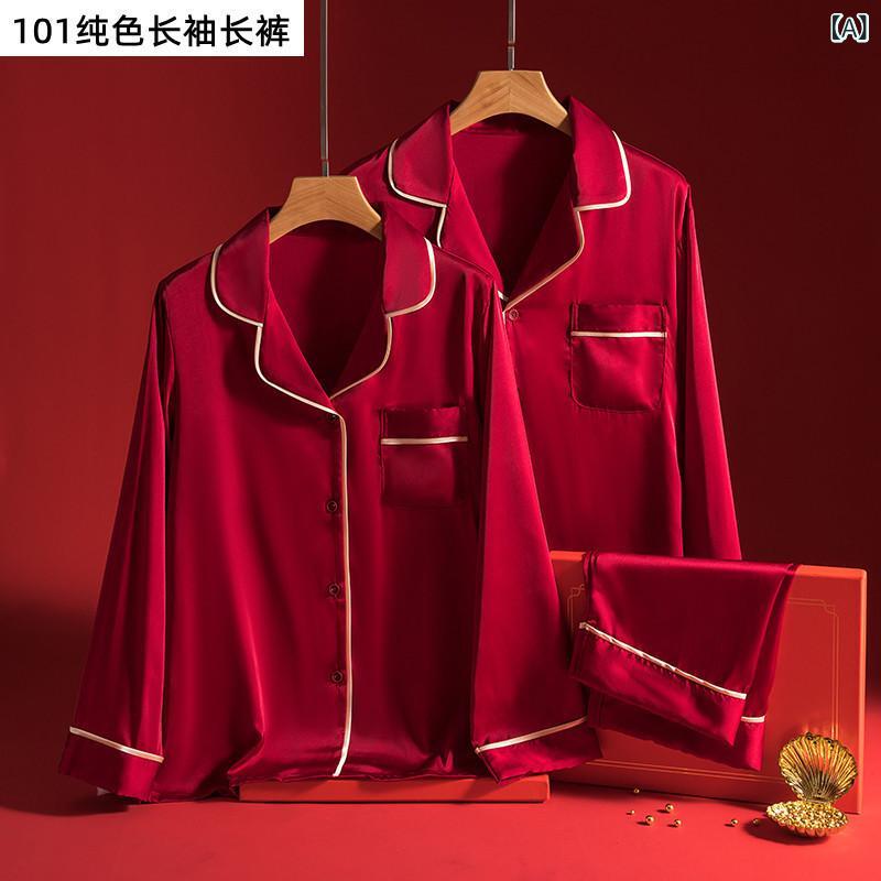 パジャマ 結婚 新婚 カップル セット 高級 シルク 本命 年 新婦 新郎は 赤い 春秋 家庭 服と 結婚 しま..