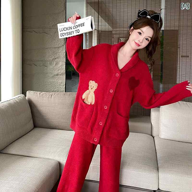 漫画の 熊の カップルの パジャマの 女性の 半分の 絨毯の 秋冬の 新型の 赤い カーディガンの 男性の ..