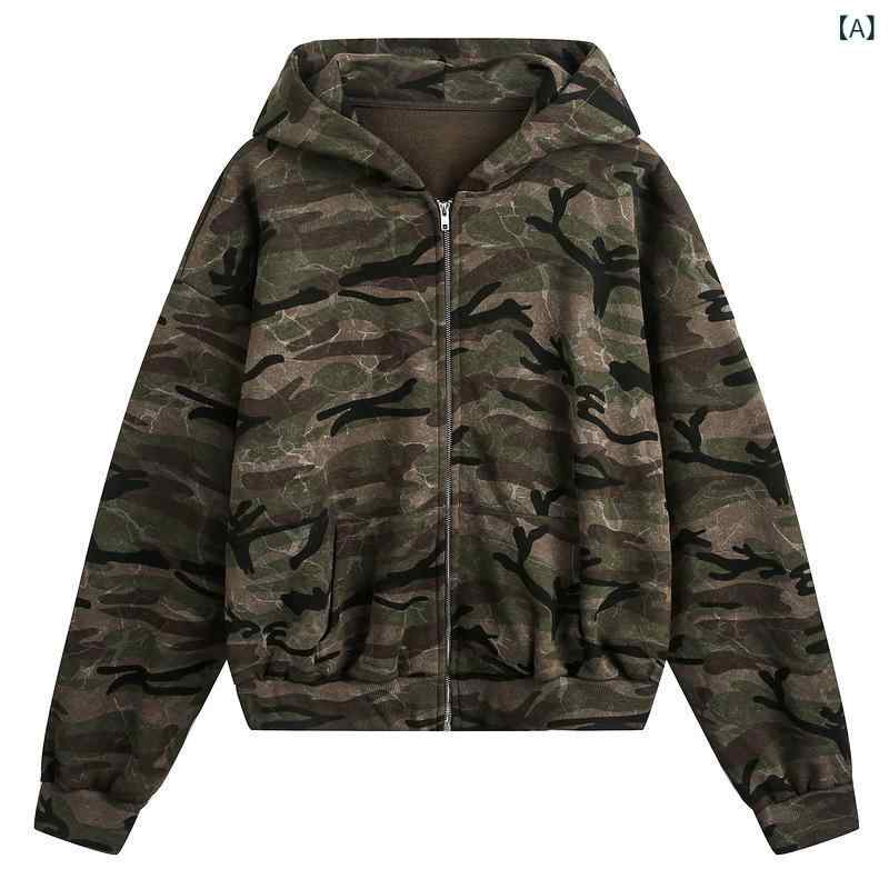 秋の新 アメリカンレトロ 迷彩 フード 付き スウェットシャツカーディガン 男性と 女性の ための ルーズカジュアルハイストリートデザインジャケット