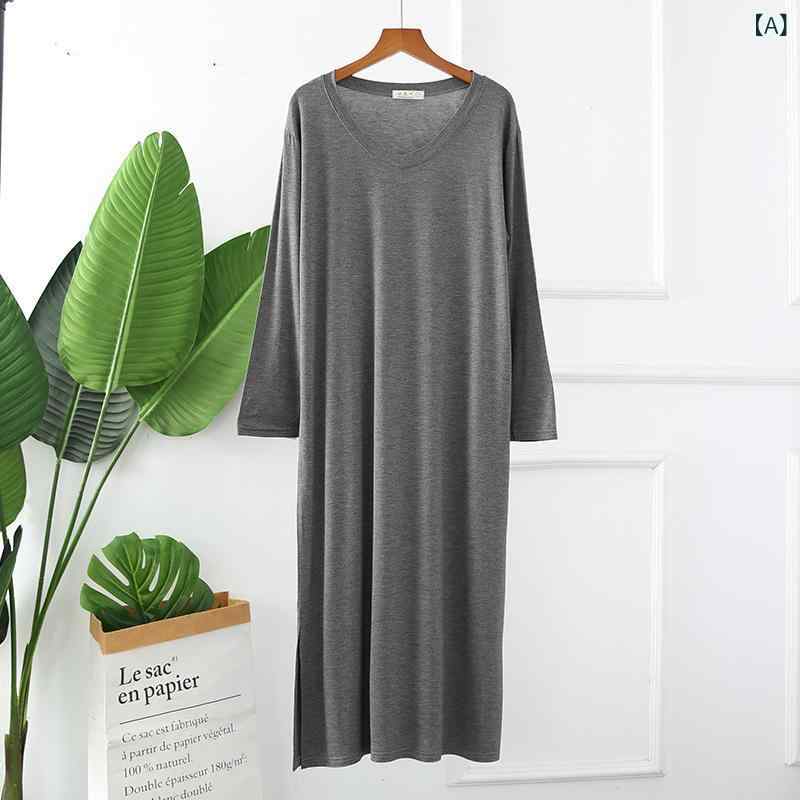 春 夏の 長袖の パジャマの 女性の モードルコットンロングスカートの 太った mの ゆったり した v ネックの 怠惰な 風の パジャマの ワンピースの 家の 服
