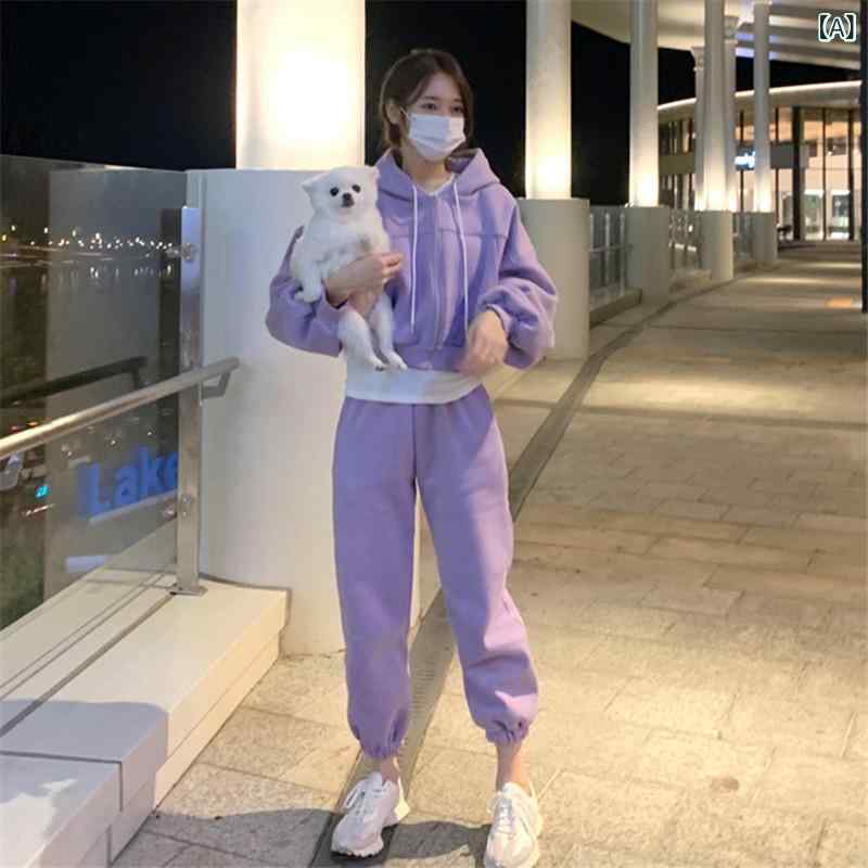 2025 春秋 新作 韓国 風 裏 起毛 カジュアル スポーツ スーツ おしゃれ レディース ショート 丈 スウェットパンツ＆ レギンス 2 点 セット トレンド
