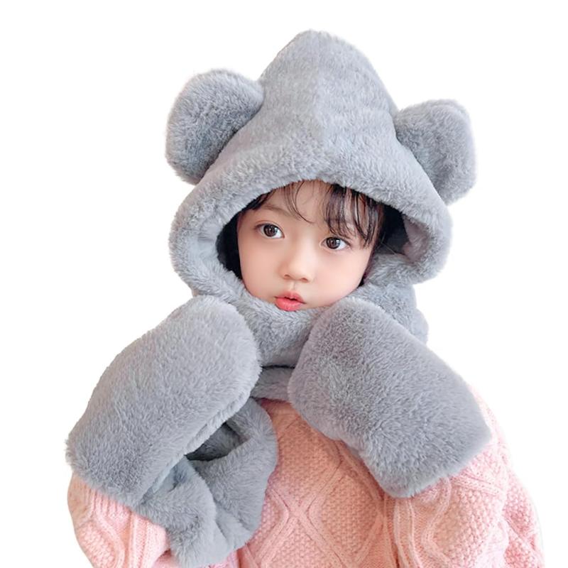 樂天商城 - [LONTG] 冬帽子 子供 クマ耳 帽子 フード付きマフラー ポケット手袋 一体型 防寒帽子 キッズ 人造毛皮帽子 可愛い クマの帽子 ふわふわ ファー付き帽子 ボアマフラー 厚手 アニマル帽子 女の