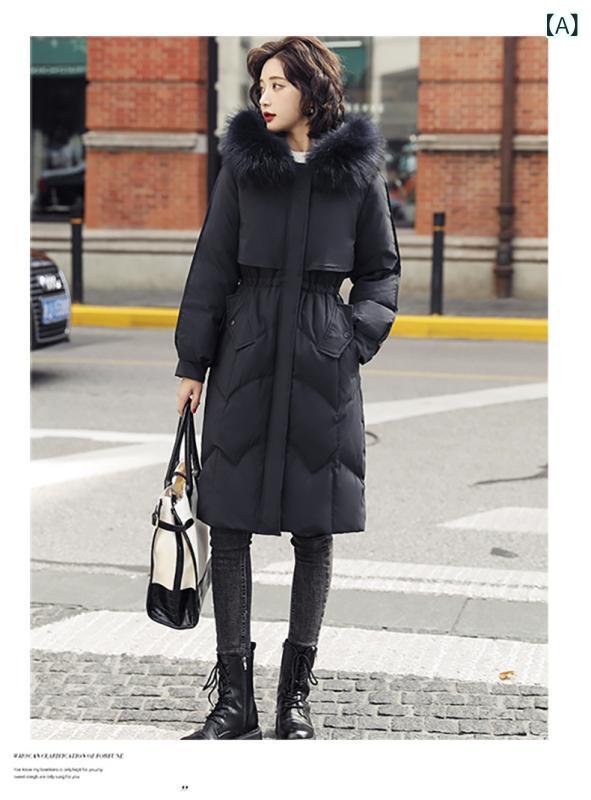 新型 韓国 版 修身 ダウン ジャケット 女性の 中 長 タイプの 厚い 大毛 襟 ダウン ジャケット 冬 服 ..