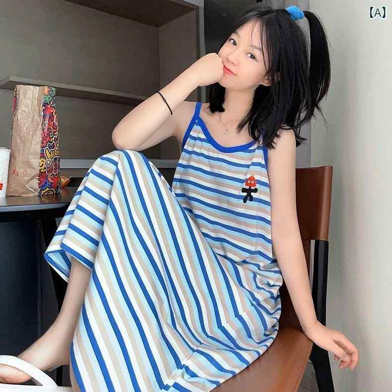 漫画 風 ノースリーブタンクトップナイトガウン レディース 夏 新作 ストライプ 柄 ゆったり 太め 体型..