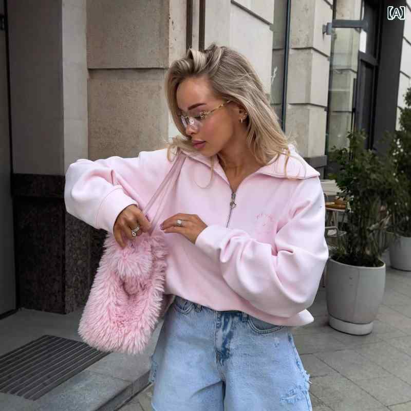 イン スタイル ハーフ ジッパー デザイン アウトドア スポーツ スウェットシャツレディーストレンディブランド 初秋 新作 ルーズ 長袖 トップスレディース