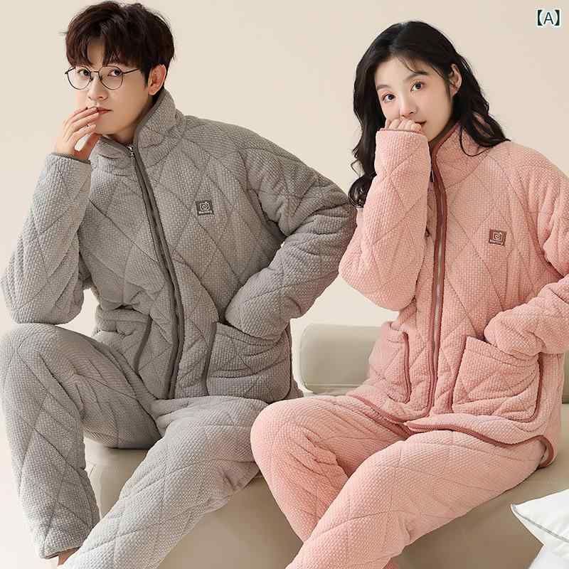 厚手の 綿を 挟んだ カップルの 家の 服は 秋冬に フランネルの パジャマの カーディガンと 男性の 女..