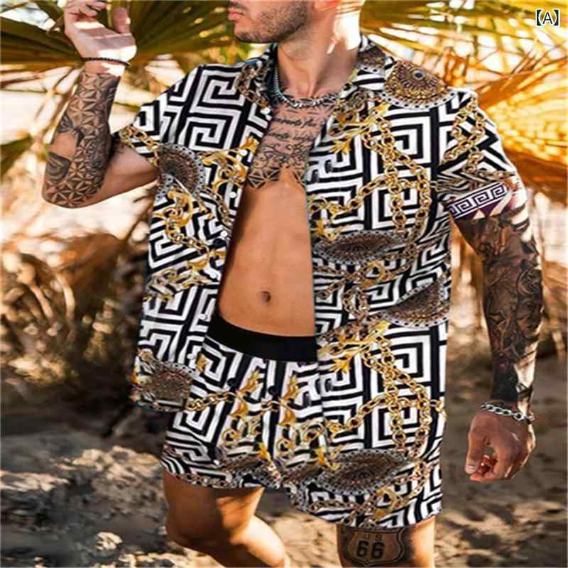2024 夏 アマゾン 欧米 越境 紳士 服 シャツ カジュアル ゆったり 半袖半 ズボンビーチスーツ 2 点 セット