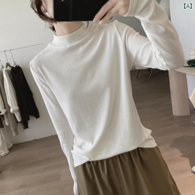 秋の 新作、 シンプルな 韓国 風 デザインの 女性 用 ハーフ タートルネック Tシャツ、 着痩せ 効果の ある ベーシックな 綿 素材の インナー シャツ 1940