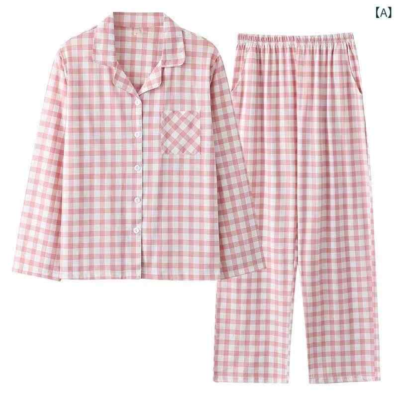 長袖新 疆綿 和風 パジャマレディーススーツ 綿 チェック 柄 カップル 長袖 ホーム 服 メンズ 夏 薄手 スーツ