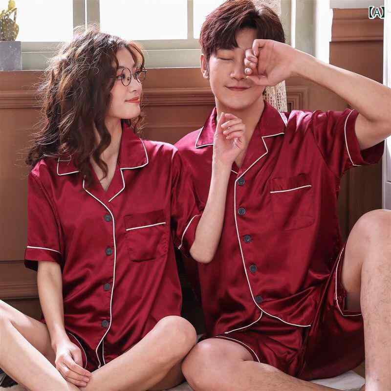 夏の 襟 折り カーディガン 半袖 カップル パジャマ 男性 女性 韓国 版 ins 氷 糸 カジュアルシミュレーションシルク 家庭 服