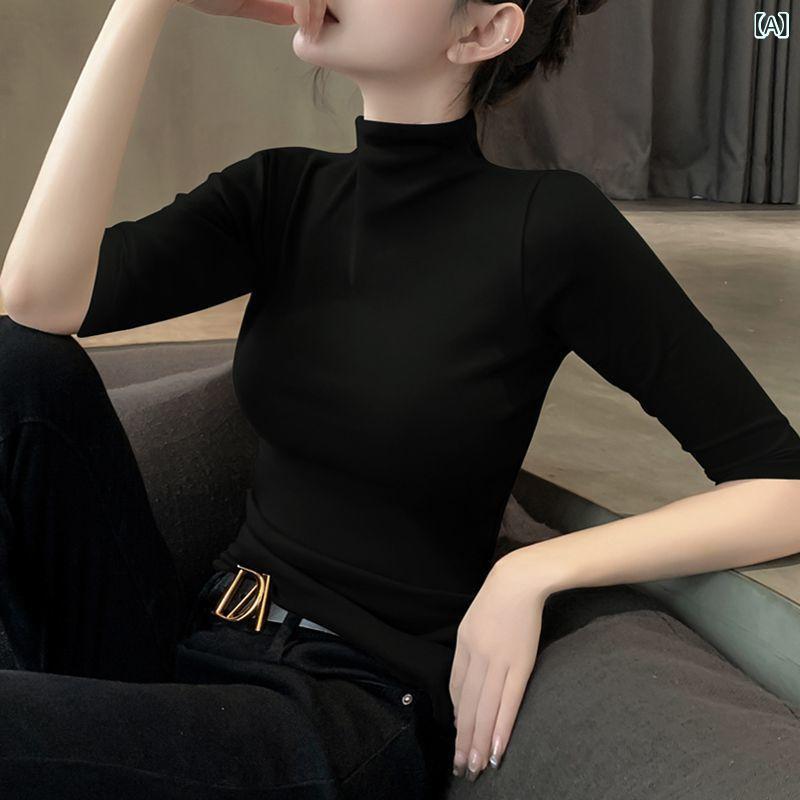 乐天商城 - ハーフ タートルネック 五 分 袖 Tシャツ レディース 新作 モー ダル ブラック ボトム シャツ レディー スミッドスリーブスリムハーフスリーブインナートップ