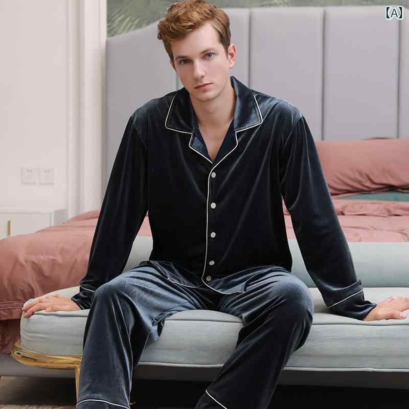 2022 春と 秋の カップルの パジャマの 男性の 長袖の 薄い タイプの 青年の 冬の ベルベットの 家庭 ..