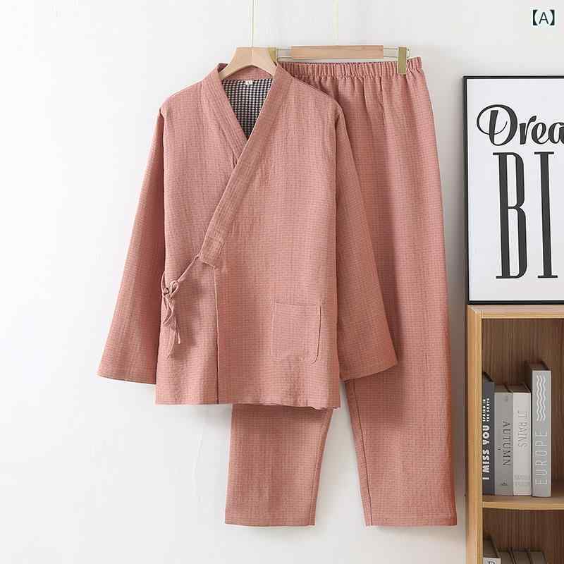 日系 無印 色 織 純綿 二 重 ガーゼカップルパジャマ 春秋 夏 薄手 男女 着物 ゆったり ホーム ウェア