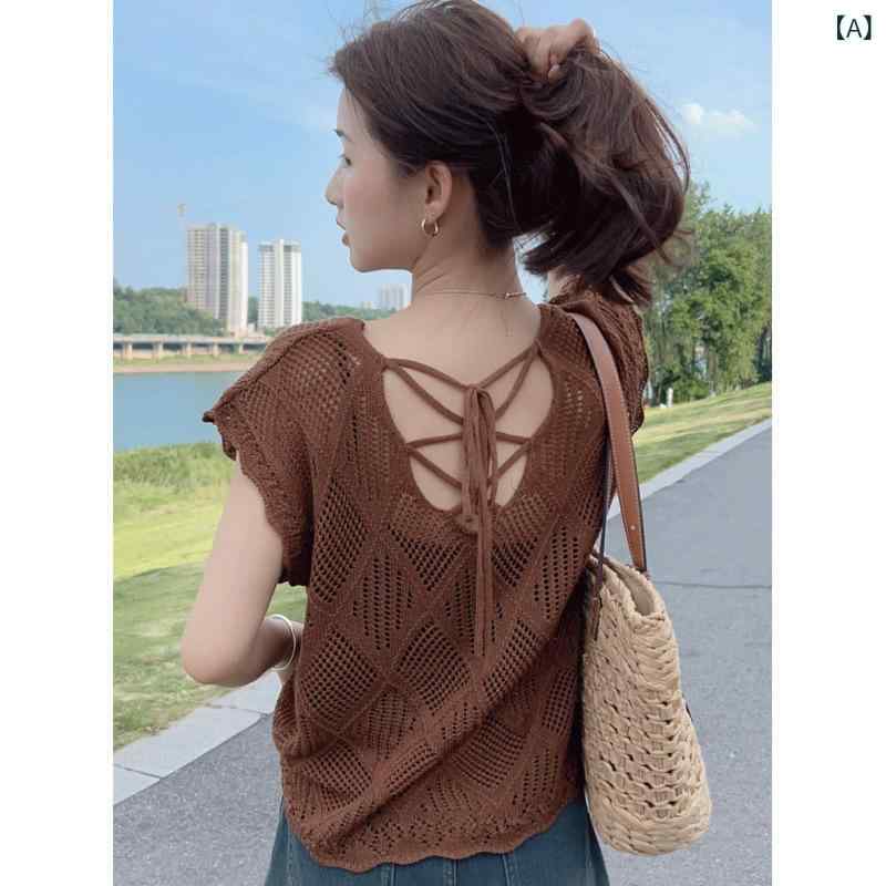 设计 感 镂空短 袖 T 恤女 2025 夏季新 款韩 版小 个子 露 背 薄 款针 织衫 上衣