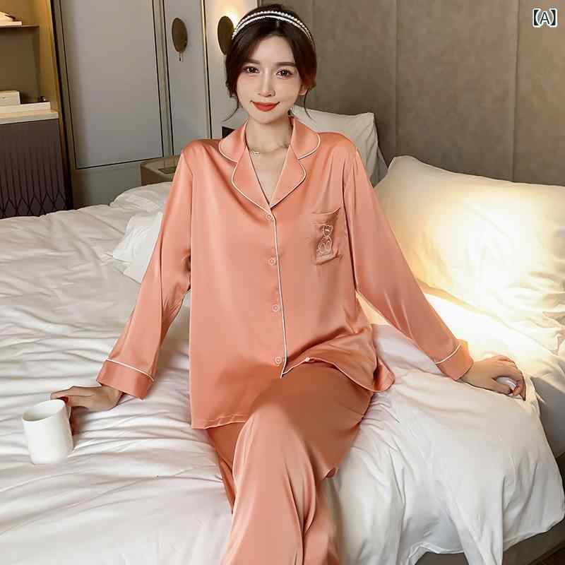 カップル パジャマ 女性 春秋 氷 糸 長袖 ゆるい大 サイズホームウェア 秋 カジュアル スーツ 男性 102..