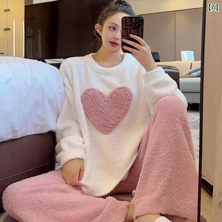 ハート 型の サンゴの パジャマの 女性の 冬の 厚い ベルベットの 保温の 甘い 愛の 高級 感の 大きい サイズの 家庭 服の スーツ