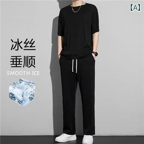 Rakuten - 夏 男子 カジュアルファッションストレートスポーツ 風 ゆるい ストレート パンツ 純 色 上着 半袖 薄い タイプ