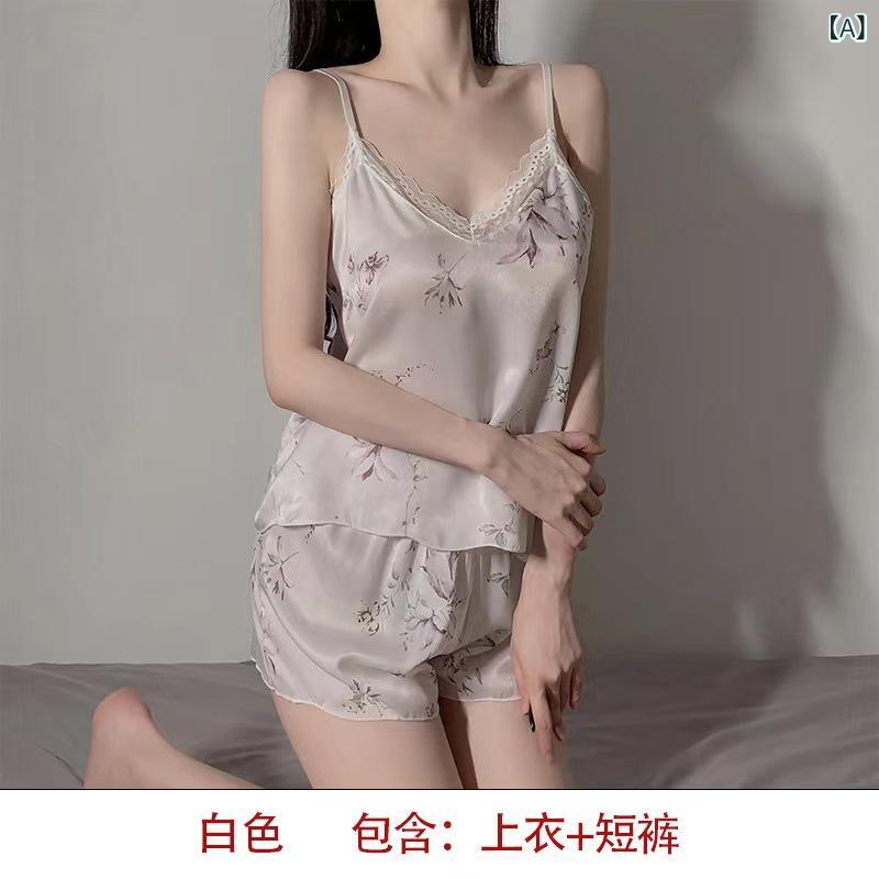 プラス サイズの 女性の 夏の パジャマ イン スタイル アイスシルクサスペンダーショーツツーピースセット 薄い 女子 寮 学生 ホーム 服