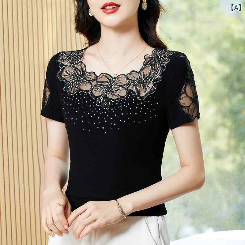 樂天商城 - 女性の ための 夏の 半袖 コットン Tシャツ 2025 新しい 大きい サイズの ボトリングシャツ多 用途 西洋 スタイルママホットダイヤモンドレーストップ