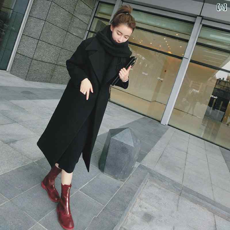 樂天商城 - 2022 韓国 版の 黒い カシミヤの ラシャの コートの 女性の 冬の 韓国の ゆったり して いる 繭 型の 中の 長い タイプは 膝の ウールの コートを 越えます。