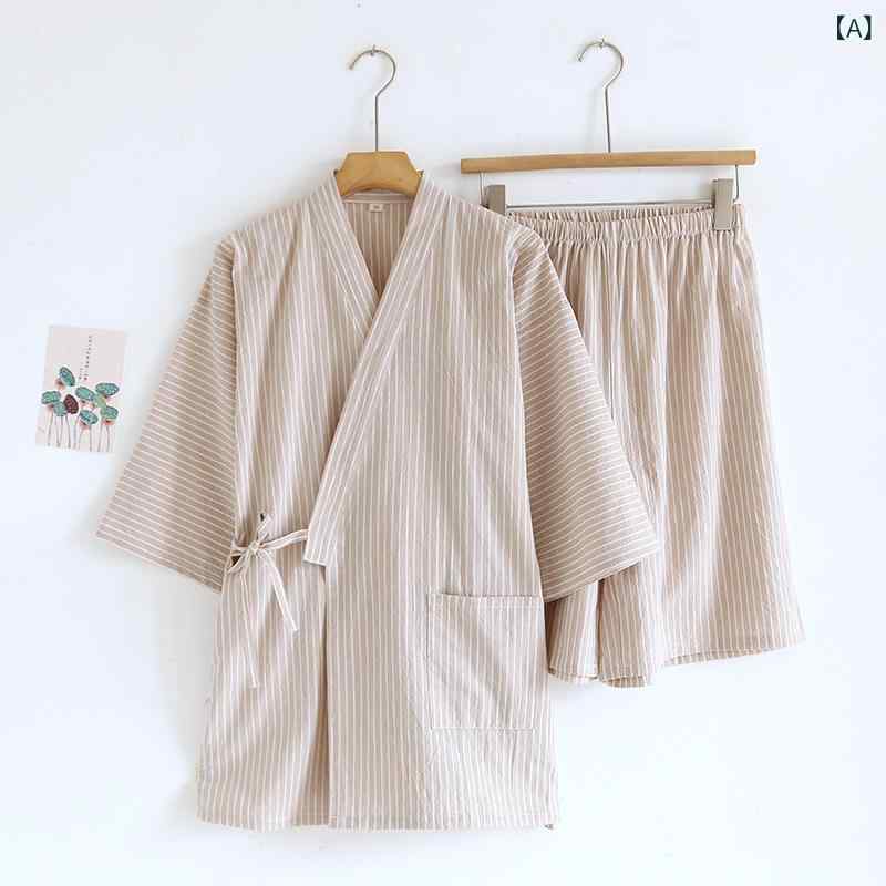 春と 秋の 新型 綿の 洗濯 綿の 薄い ストライプの パジャマの 男女の カップルの 日本の 着物の 半袖..