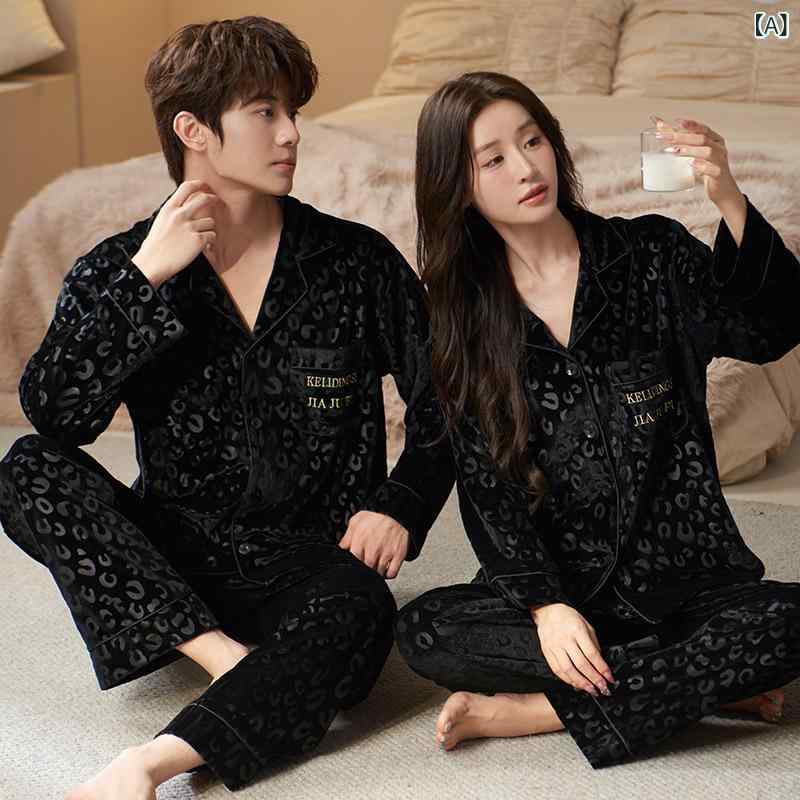 2025 秋冬 新作 ゴールド ベルベット カップル パジャマ 長袖 セット レオパード 柄 ゆったり カジュア..