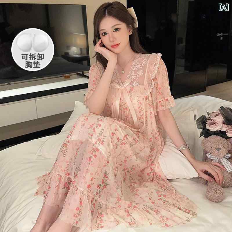 凌 蕾の 夏の 花の レースの 蝶結びの 網の 紗の 宮廷の 王女の 風の 中で 長い 眠りの スカートの パジャマの 家の 服の 女性