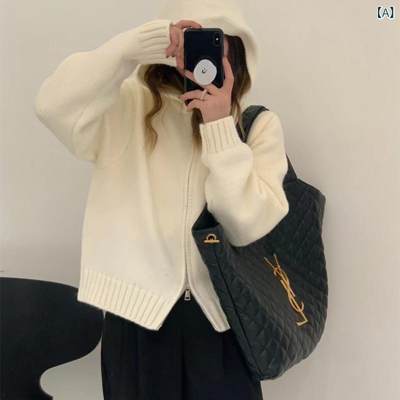 2024 秋と 冬の新 デザイン フード 付き ダブルジッパーセータージャケット 女性の ための ルーズニッチ 肥厚 ニット カーディガン 女性の ための
