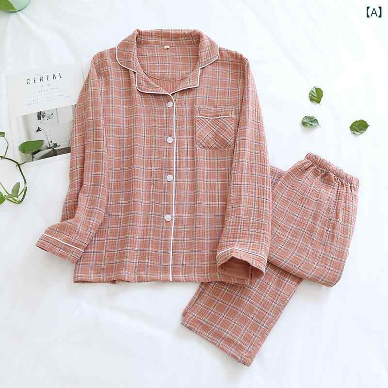 男性の 女性の 純綿の ガーゼの パジャマ 春と 秋の 夏の 純綿の クレープの 日本の 格子の 家庭 服の ..