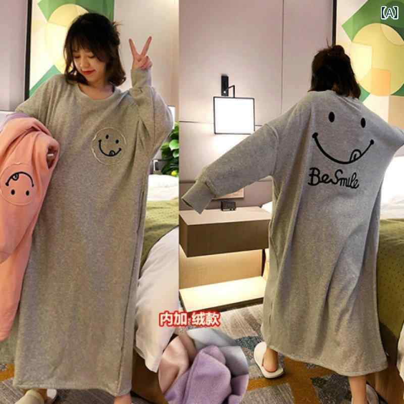 外国 貿易の 冬の パジャマの 女性の 長袖の 長い スカートは 厚い メリヤスの 徳の 毛を つかんで 暖かい 笑顔の 230 グラムの 家の 服を つかみます。