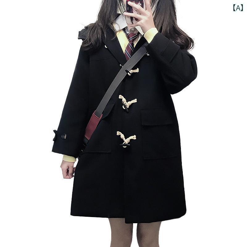 日系 牛 角 扣大 衣 学院 风小 个子 校 供 感 jk 制服 夹棉 加 厚 毛 呢 外套 女 秋冬