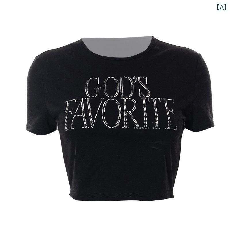 2024 夏の 新型 丸襟 カバー 半袖 アルファベットの ホット ドリル 臍 欧米 婦人 服 上着 t シャツ メーカー 直販