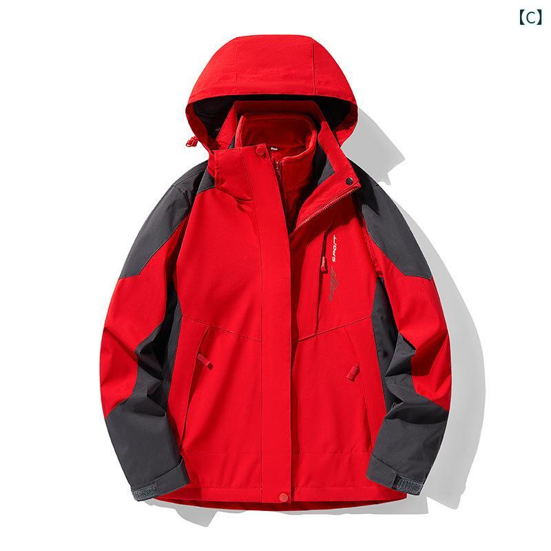 男性と 女性の ための 赤い ジャケット、 2 点 セット、 ベルベットと 厚みの ある、 取り外し 可能な フリース 裏地 付き スリーインワンジャケット 3