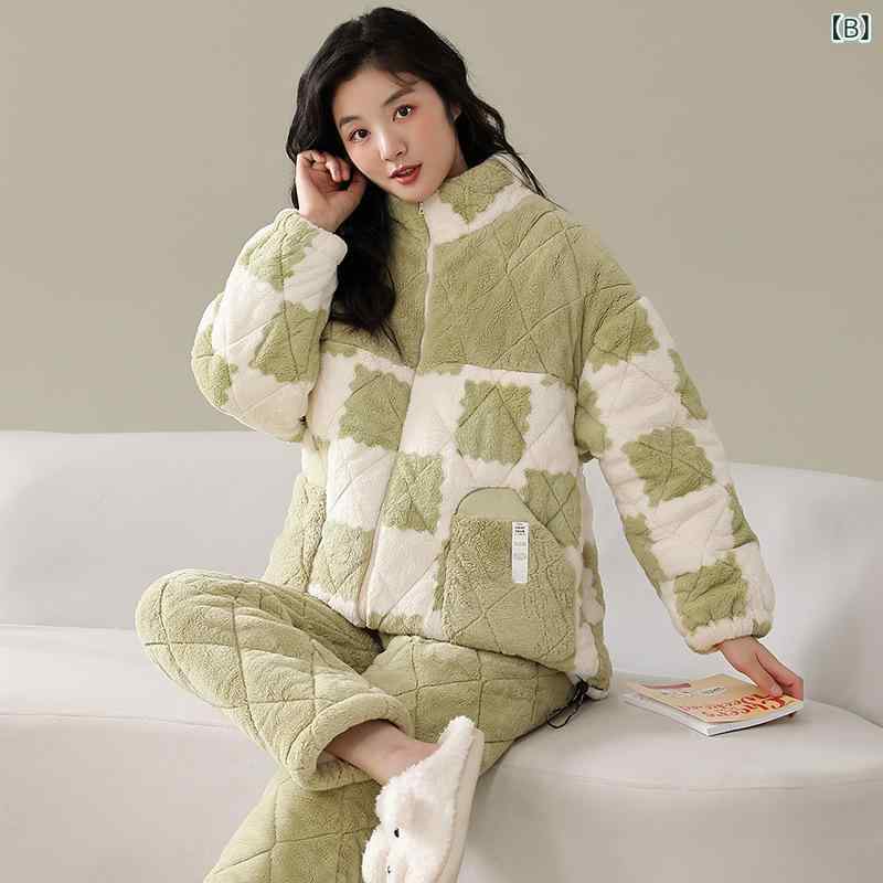 秋冬の カップルの パジャマの 女性の 3 層...の紹介画像2