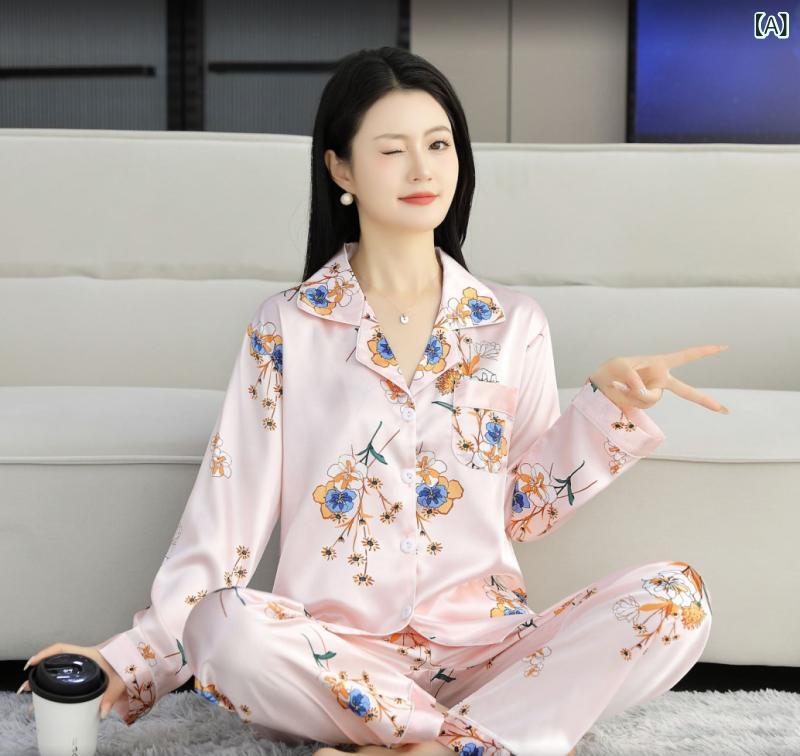 アイスシルクパジャマ 女性の 夏の 女性の スーツ 長袖 ズボン 模擬 シルクパジャマカジュアルライト ..