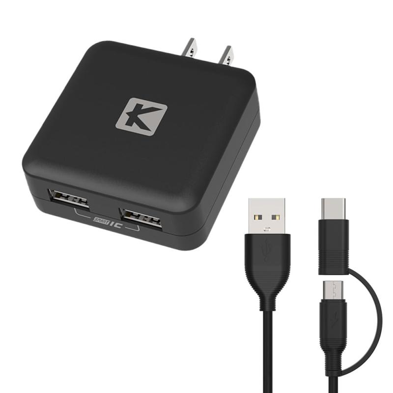 KYOHAYA USB充電器 薄型 2ポート 3.4A出力 + microUSB ケーブル 1.5m + USB Type-C 変換コネクタ アンドロイド スマートフォン 各種 対応 折畳式プラグ 安全 軽量 コンパクト 海外対応 急速充電 データ転同時充電が可能な2ポート合計最大3.4A出力の薄型タイプのUSB充電器にmicroUSBケーブル1.5mにUSB Type-C変換コネクターが付いたセットです。充電器は、両ポートに独自のスマートICを搭載。被充電側の機器を自動認識し、最適かつ最速で充電することができます。持ち運びも想定した薄型コンパクト設計。プラグに折畳式を採用することで、バッグ等の中で他の物を傷つけません。100-240Vの入力電圧に対応しており、国内はもちろん海外旅行にも最適です。microUSB ケーブルは、USB Type-C変換コネクタが付属していますので、幅広い機種で使用することができます。またケーブル長はゆとりのある1.5m、これは新幹線や車の座席で充電しながらスマホを操作できる快適な長さです。充電器の製品外装には難燃性素材を採用し、過電流・過電圧・ショートを防ぐ安全装置を搭載、PSE認定を取得しており、USB Type-C変換コネクタには、56KΩ抵抗レジスタを搭載しておりますので、安心してお使いいただけます。日本法人による1年間の製品と充実のカスタマーサポートを提供します。